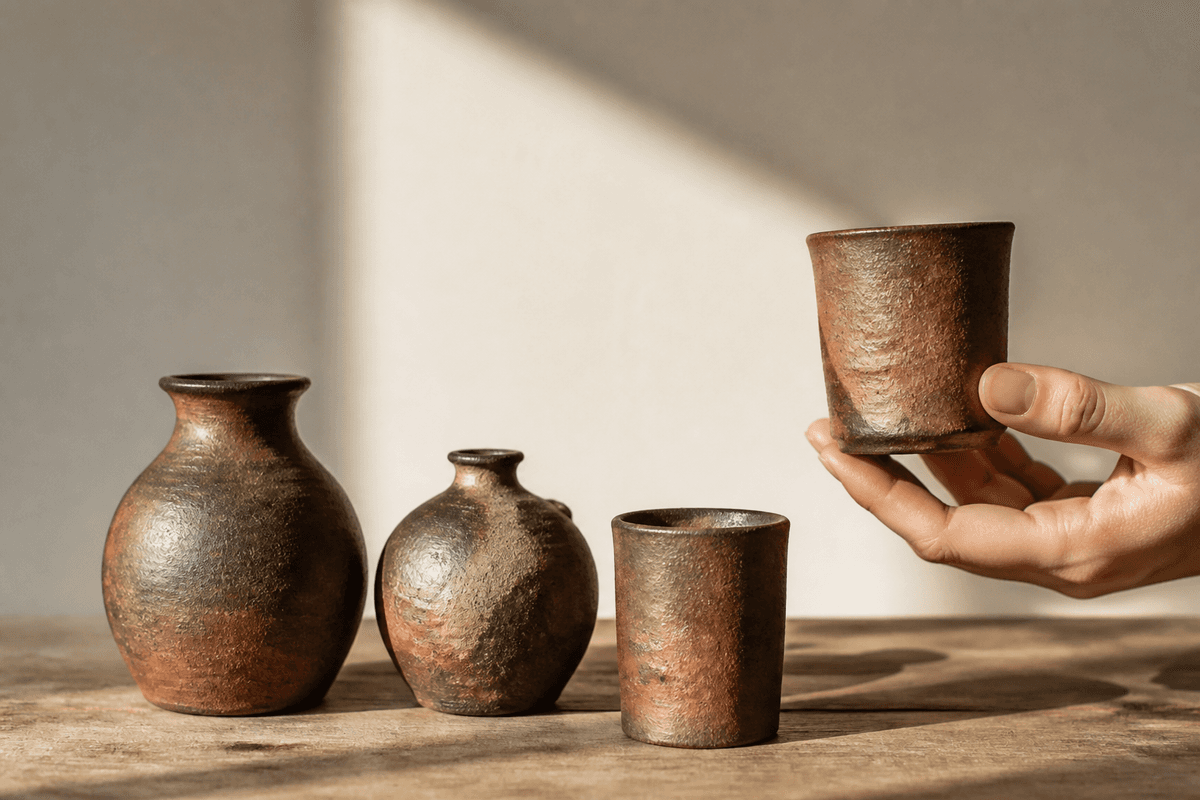 Unglazed reddish-brown stoneware vessels showing natural kiln markings