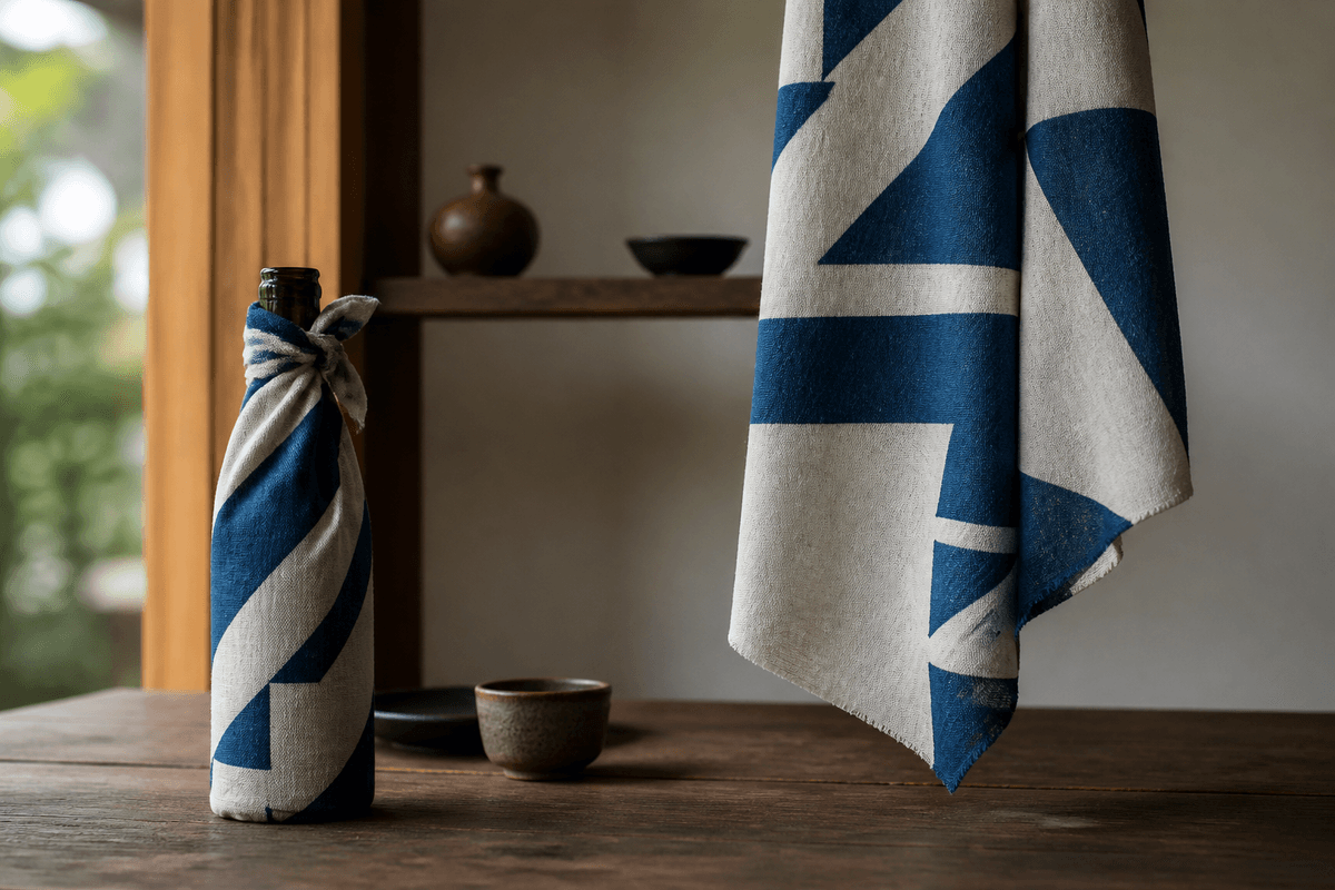 An indigo tenugui shown as both a bottle wrap and hanging cloth