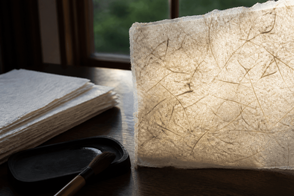 Handmade washi sheets lit from behind to reveal long plant fibres