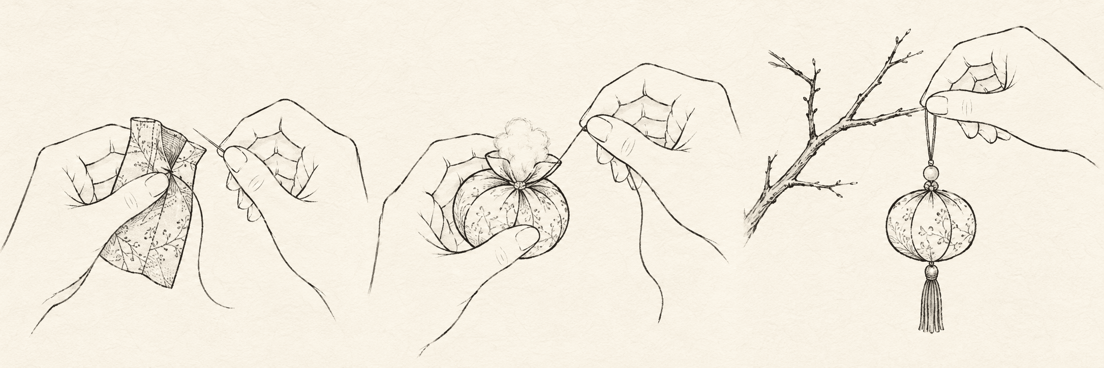 Three drawings show hands sewing kimono cloth, filling the ornament, and hanging it from a branch