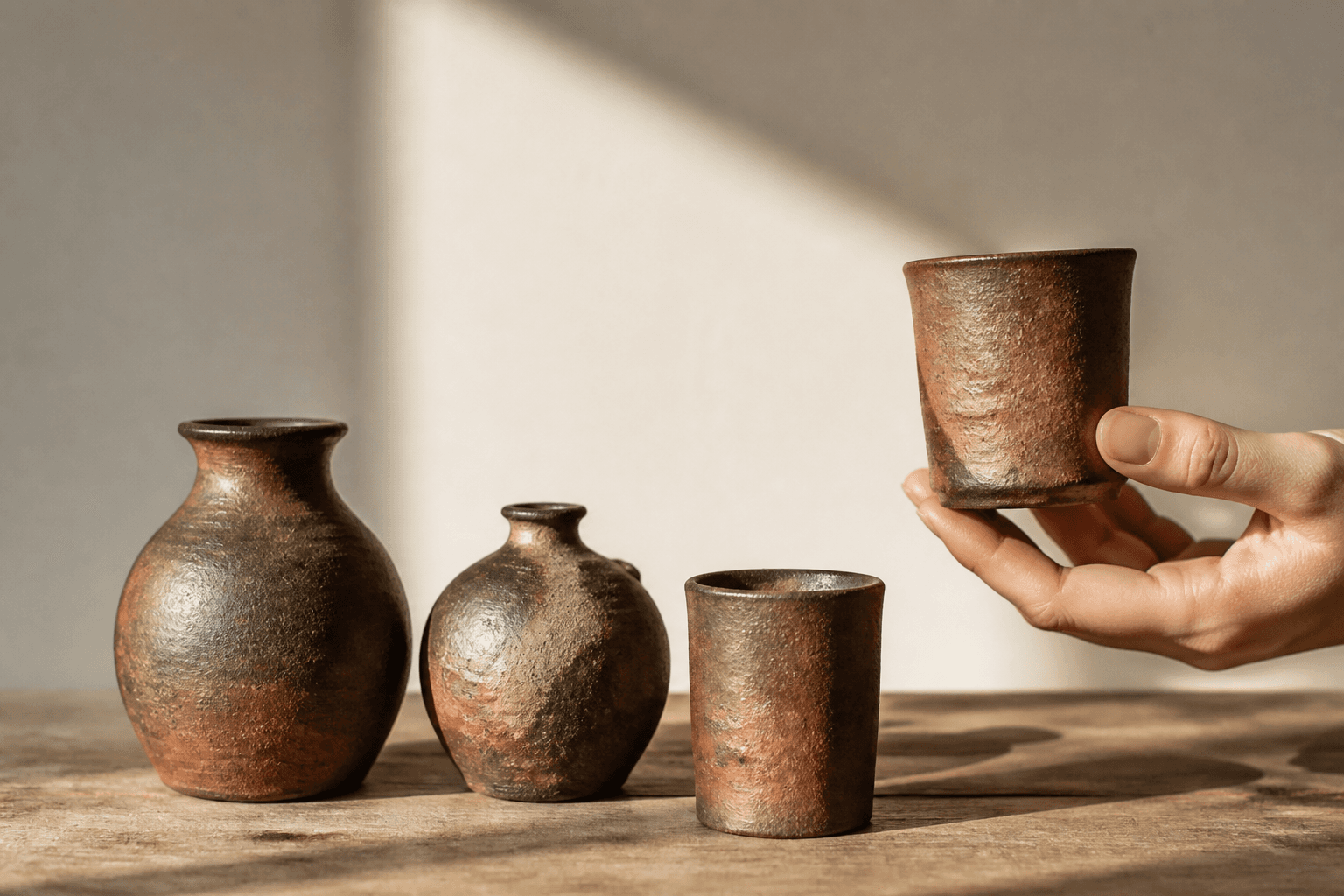 Unglazed reddish-brown stoneware vessels showing natural kiln markings