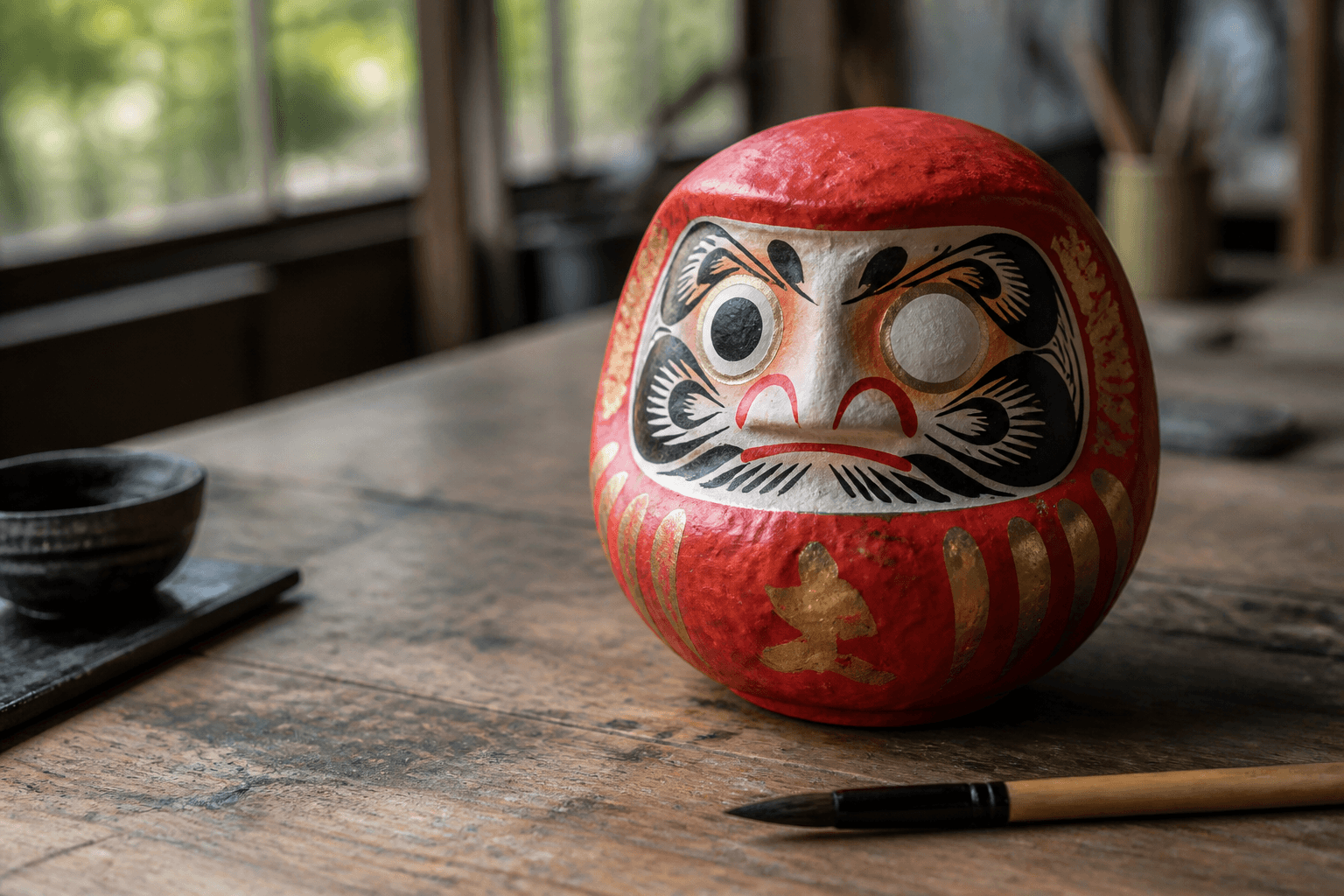 A red papier-mache daruma with one eye left blank on a wooden worktable