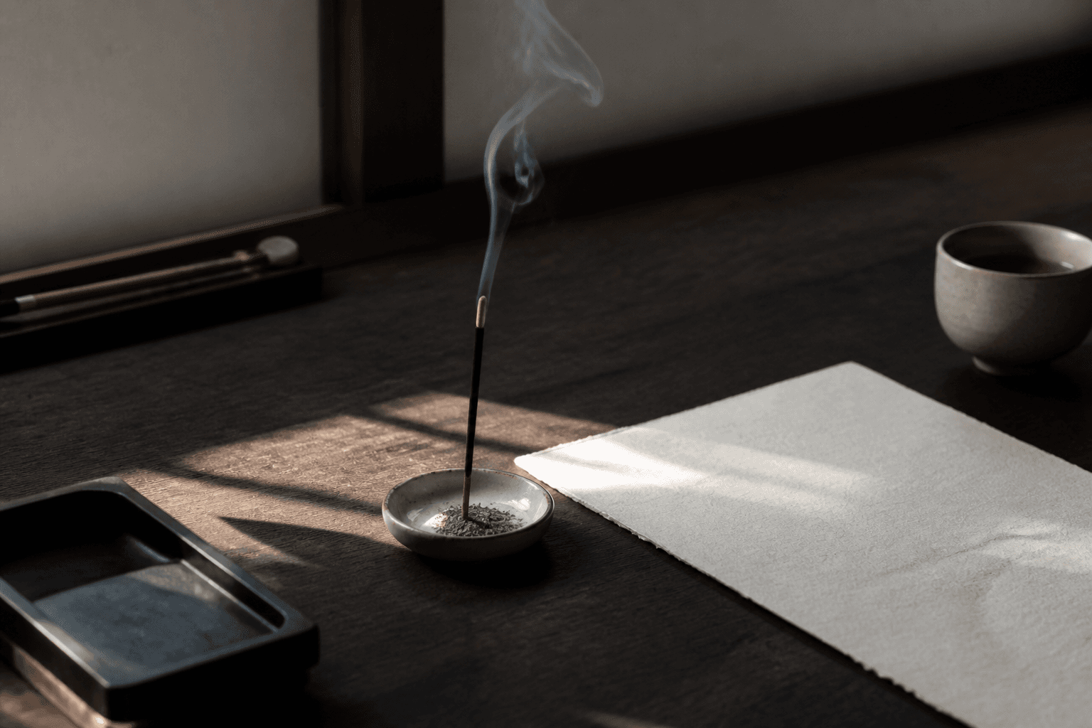 A single Japanese incense stick burning beside blank paper on a dark wood desk