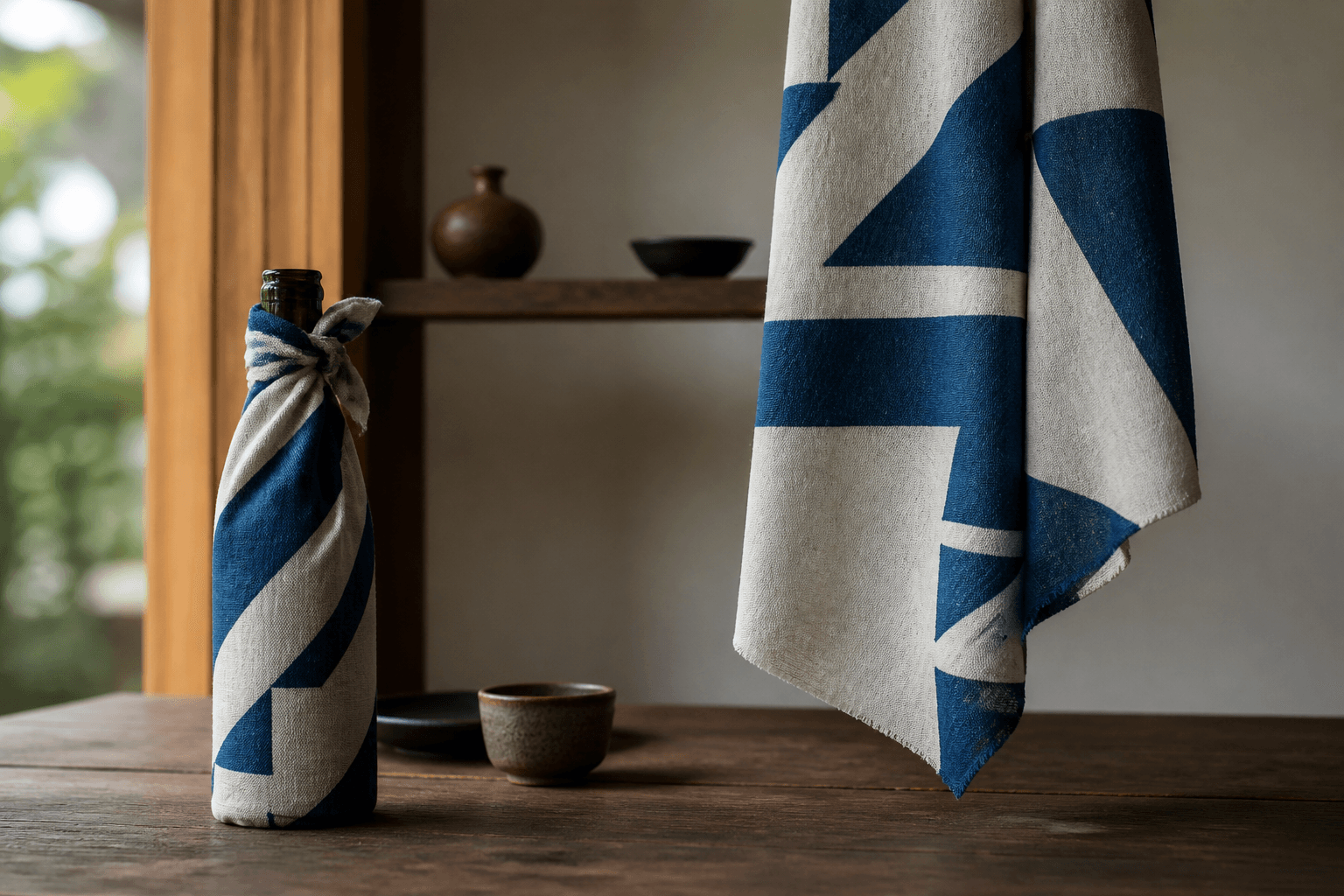 An indigo tenugui shown as both a bottle wrap and hanging cloth